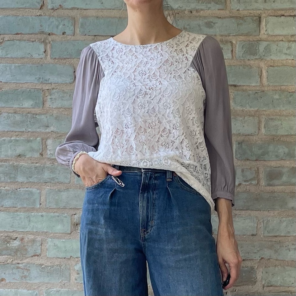 Anthropologie Lace Blouse Maeve White Grey Long Sleeve Sheer Top Anthro